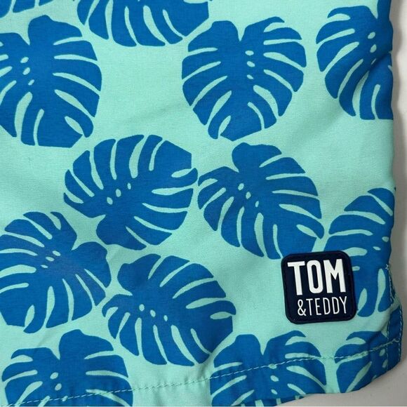 TOM&TEDDY Men’s Leaf Print turquoise and navy swim trunks sz S 5in seam - Picture 3 of 7